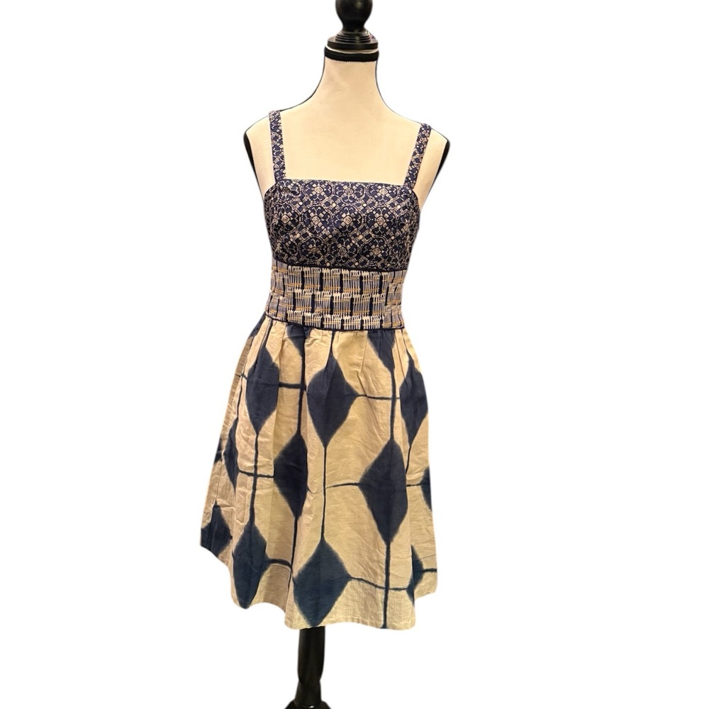 Maeve by Anthropology Navy and Beige Patterned Midi Dress Size 4